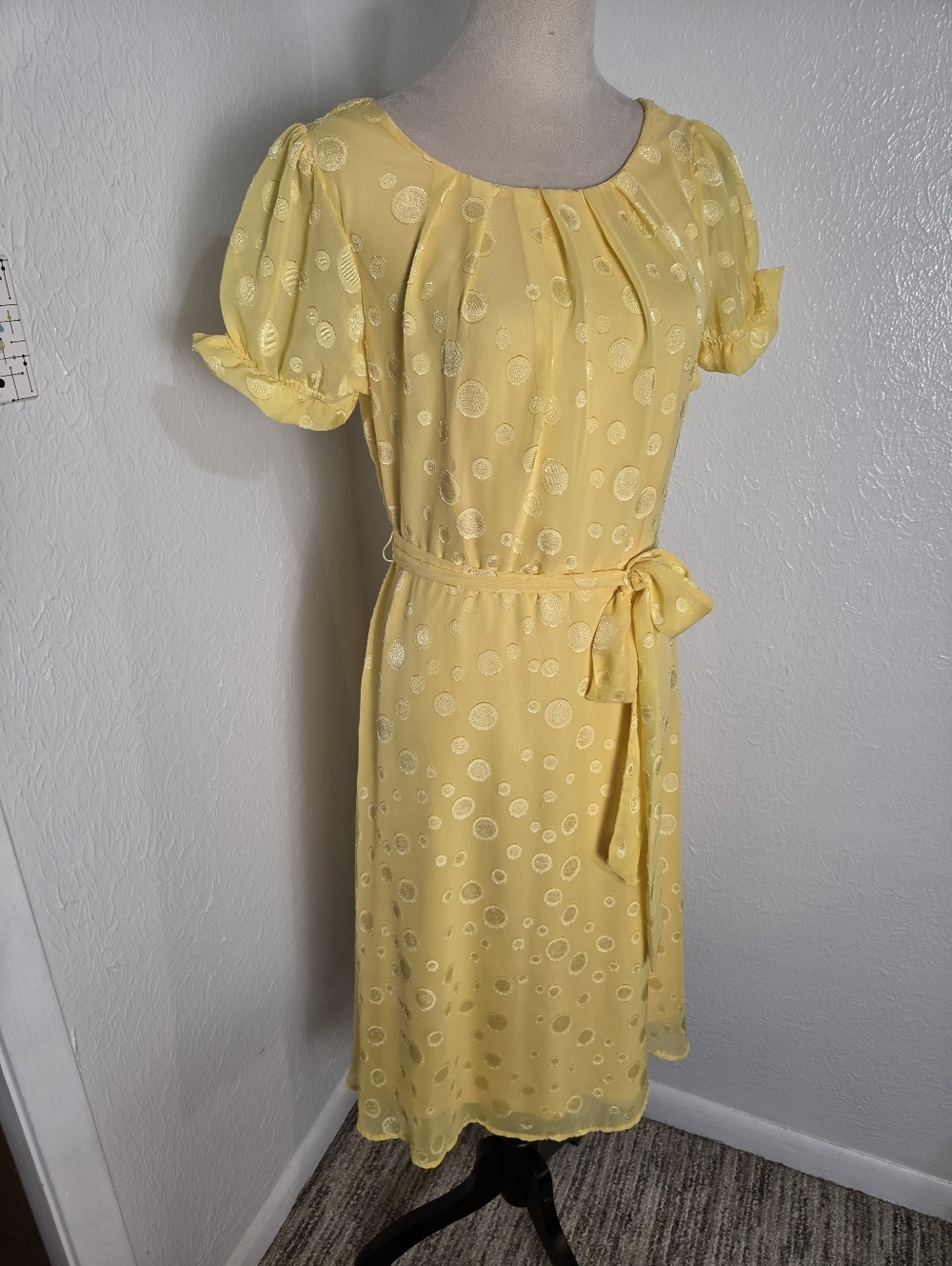 NY Collection Yellow Swiss Dot Tie-Waist Dress, Short Puff Sleeves, Size PM, NWT - Picture 4 of 14